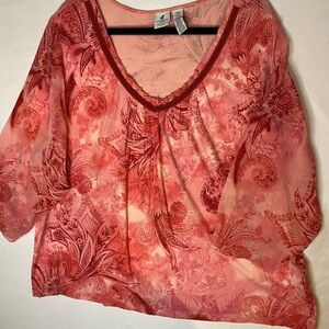 Caribbean Joe Red Floral Sheer Blouse
